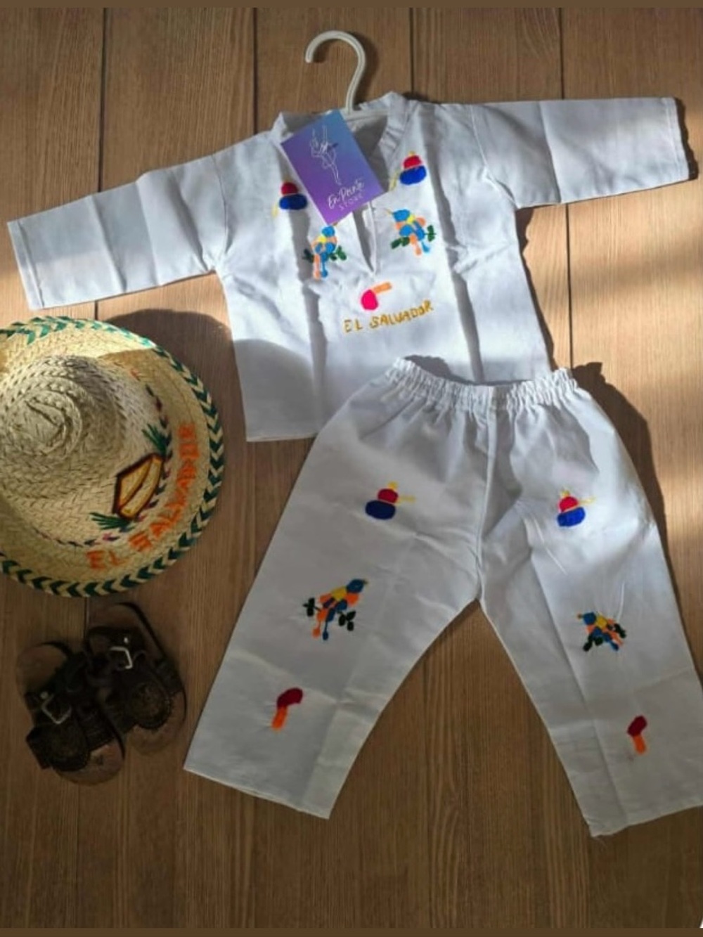 El Salvador White Embroidered Kids Matching Set by